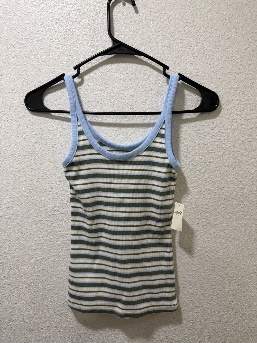 aerie Striped Ribbed Tank Top in Olive, White & Light Blue